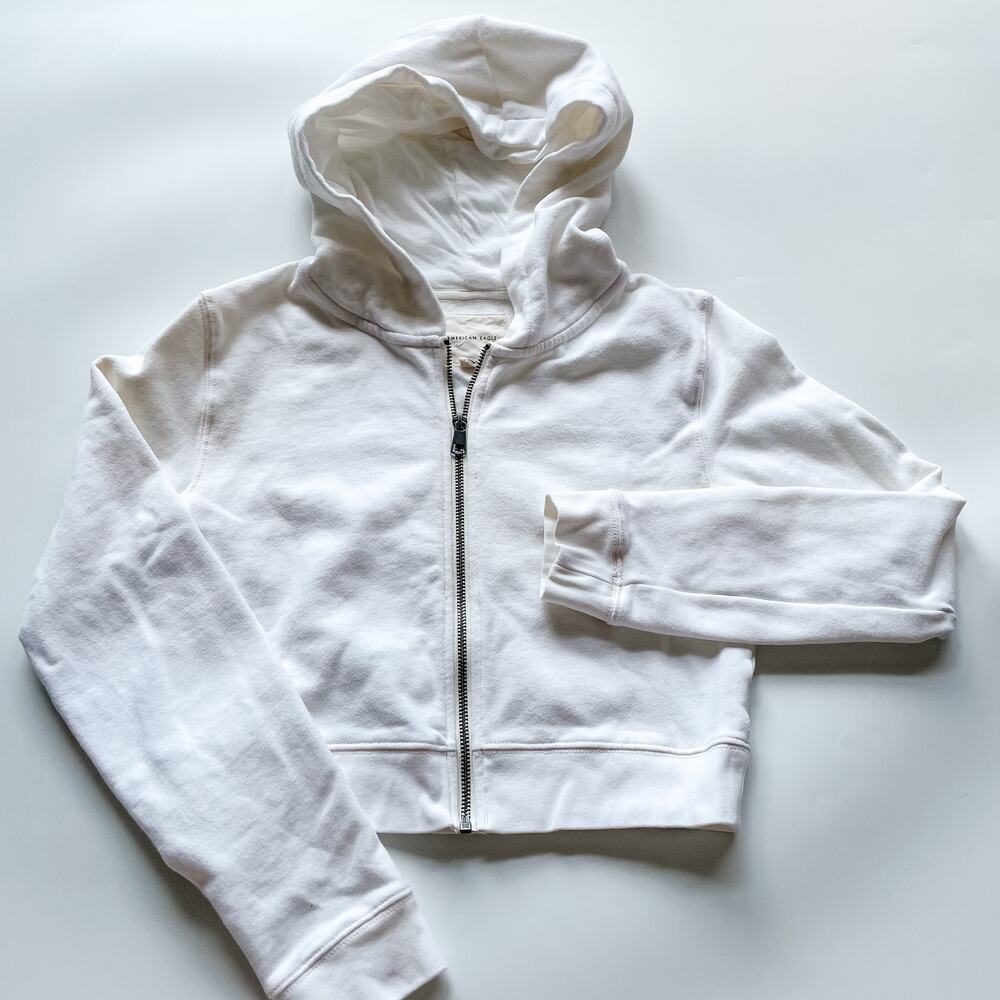 American Eagle White Hooded Zip Up Jacket Cropped Size Small/Medium